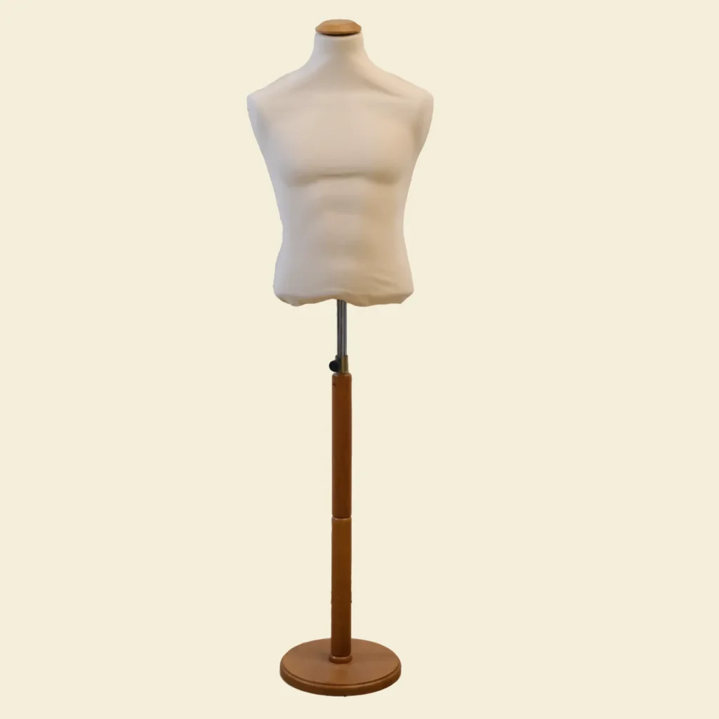 busto manichino portante uomo bianco base tonda color legno